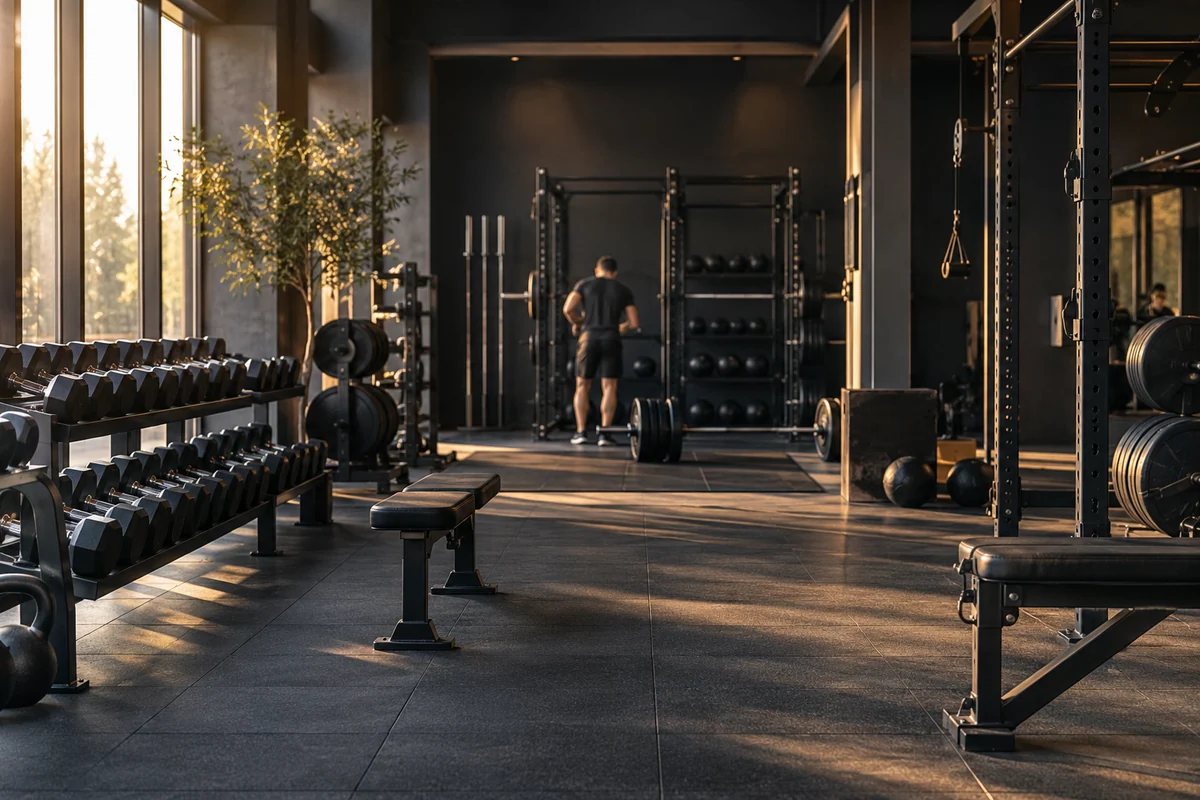 AI-generated boutique strength gym with warm lighting and neatly arranged training equipment