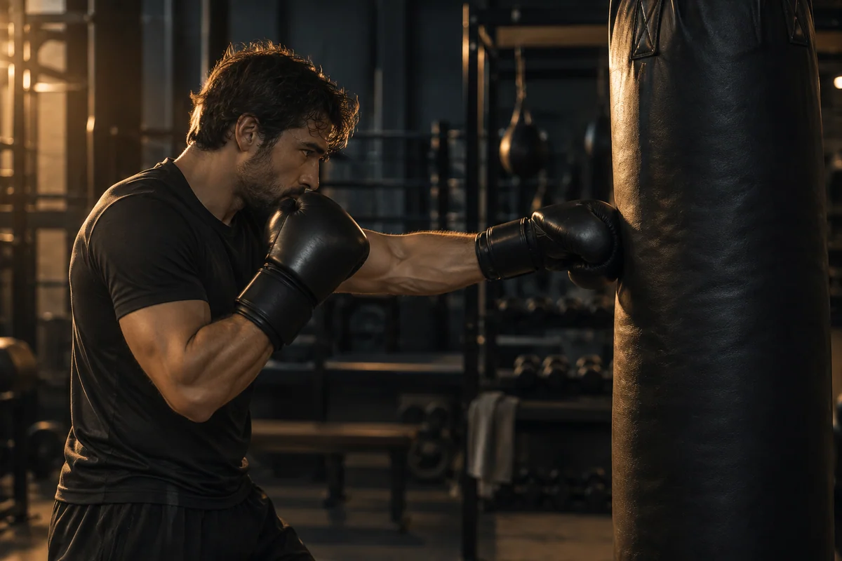 AI-generated boxer training with a heavy bag inside a boutique boxing club