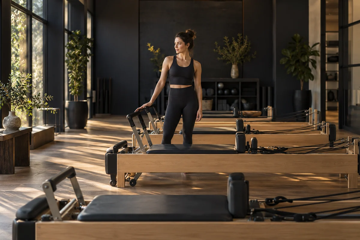 AI-generated Pilates studio with wood-framed reformers and warm natural light
